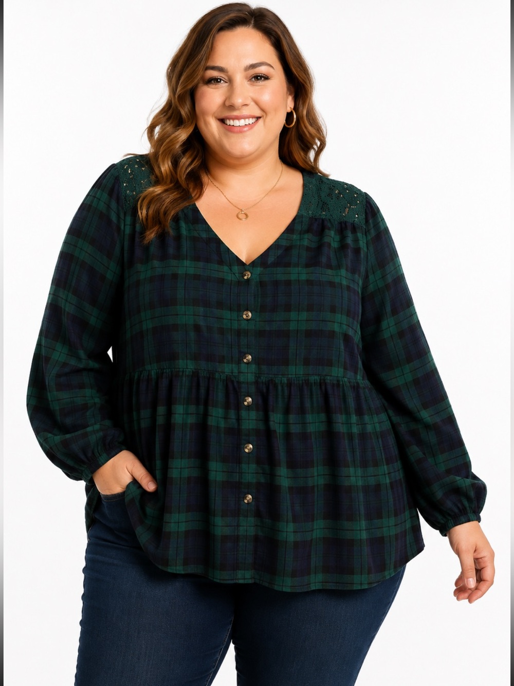 Maurices Green Navy Plaid Babydoll Blouse
Lace Shoulder Boho Top